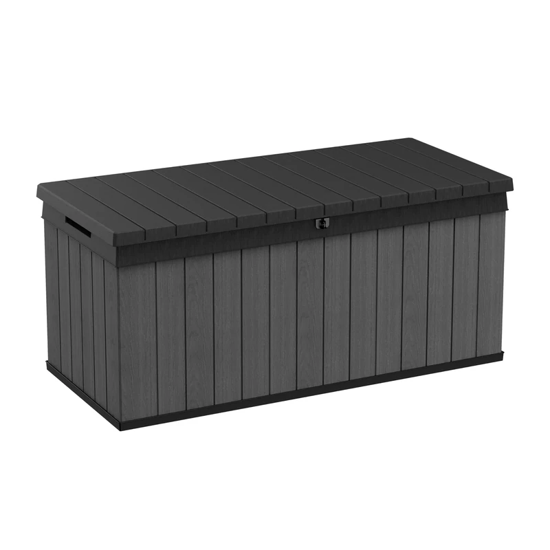 Keter Darwin 454L Outdoor Storage Box – Grey | Lockable Weatherproof Garden Deck Box & Bench | Evotech™ Wood-Effect Composite | Hydraulic Lid | Seats 2 Adults | Durable, Maintenance-Free Construction