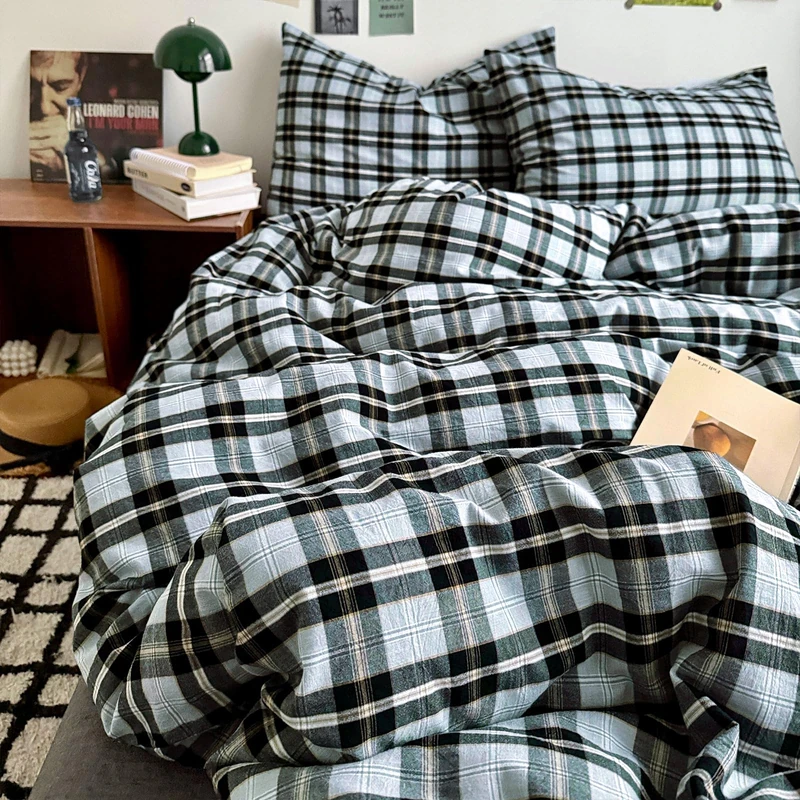 MKXI King Buffalo Plaid Duvet Cover - Washed Cotton Farmhouse Bedding Set, Lightweight Breathable Reversible Comforter Cover, Gray Black Yellow Checkered