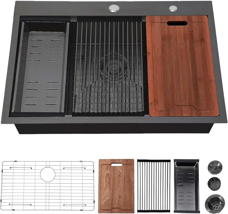 Black Kitchen Sink Drop in - 33"x22" Topmount Ledge Workstation Kitchen Sinks 16 Gauge Handmade Stainless Steel Single Bowl Sink with All Accessories for Kitchen Laundry Utility, VLSYJSJ3322BCWL