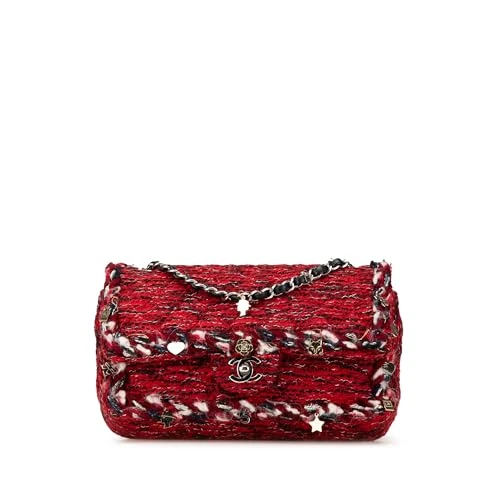 Pre-Loved Medium Tweed Braided Charms Double Flap Shoulder Bag