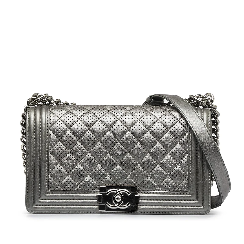 Chanel Pre-Loved Old Medium Quilted Perforated Metallic Lambskin Boy Flap Crossbody Bag