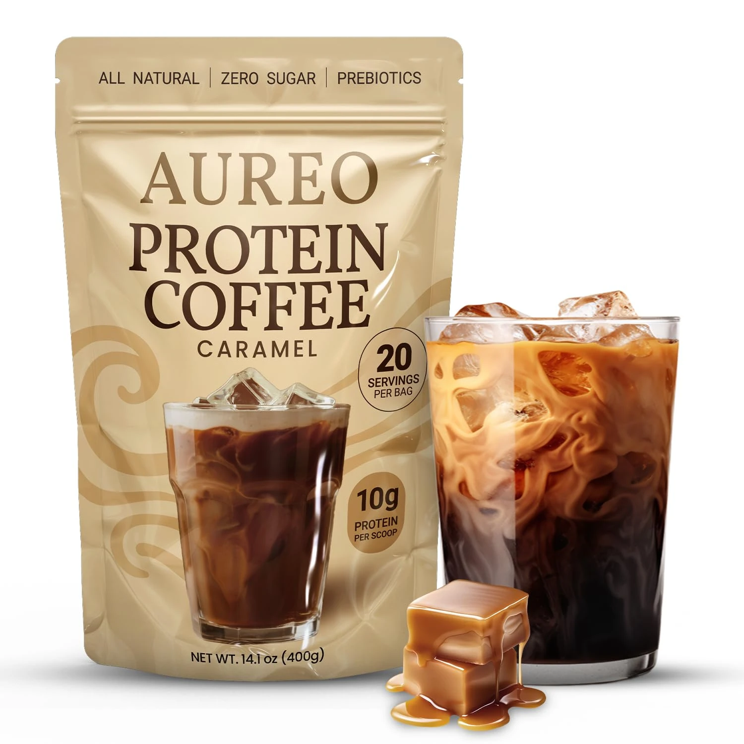 Caramel Protein Iced Coffee 400g - Premium Whey Protein Powder & Instant Coffee - 100% Natural with No Artificial Flavours and Sweeteners - 105mg Caffeine, Acacia Fibre, Lion's Mane, Organic Baobab