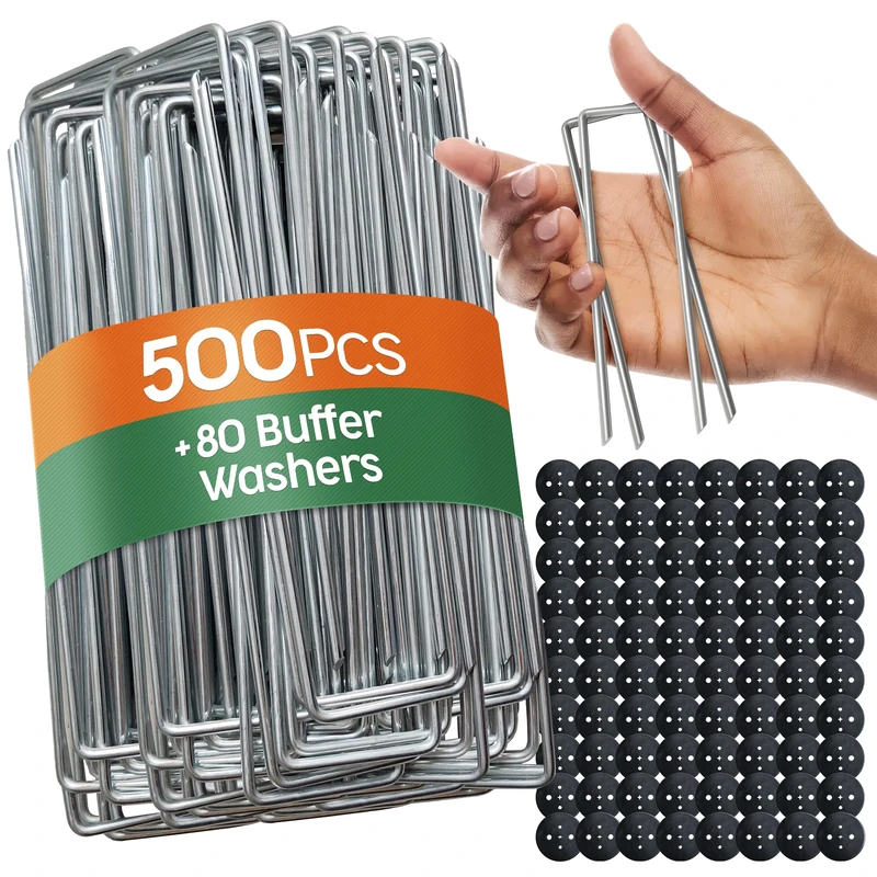 PORTENTUM Weed Membrane Pegs 500 pcs + 80 Washers – 6 Inch/150mm U-Shaped – Heavy-Duty Artificial Grass Pins for Camping and Gardening