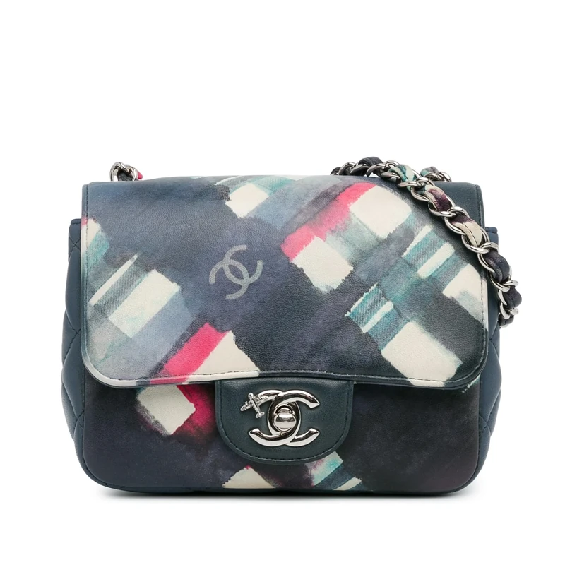 Chanel Pre-Loved Mini Square Classic Airlines Printed Lambskin Single Flap Crossbody Bag