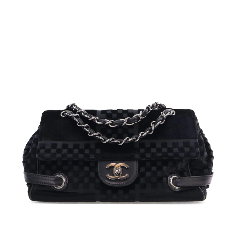 Pre-Loved CC Check Embossed Velvet Belted Side Flap Shoulder Bag
