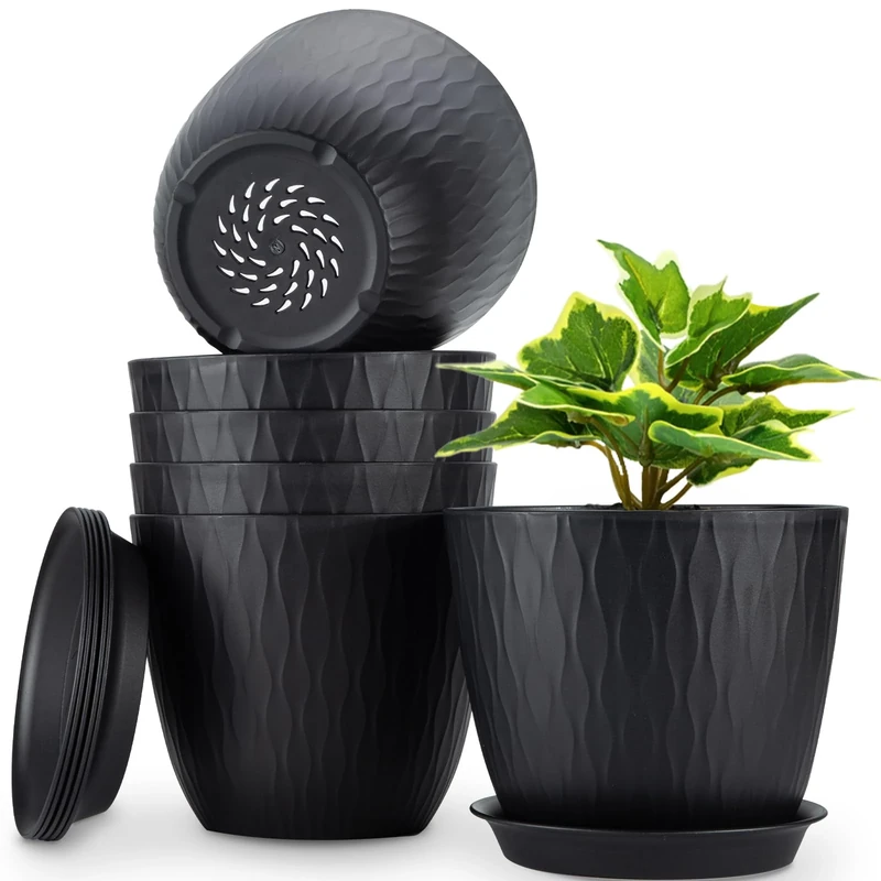 NONMON 20cm Plastic Plant Pots Indoor, 6 Pack Plastic Planters with Drainage Holes and Saucer, Modern Decorative Stripe Grooves Flower Pots for Indoor Outdoor Houseplants, Black