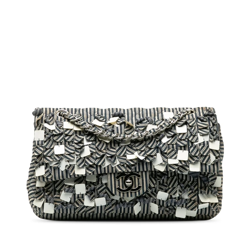 Chanel Pre-Loved Medium Cotton Striped Double Flap Shoulder Bag