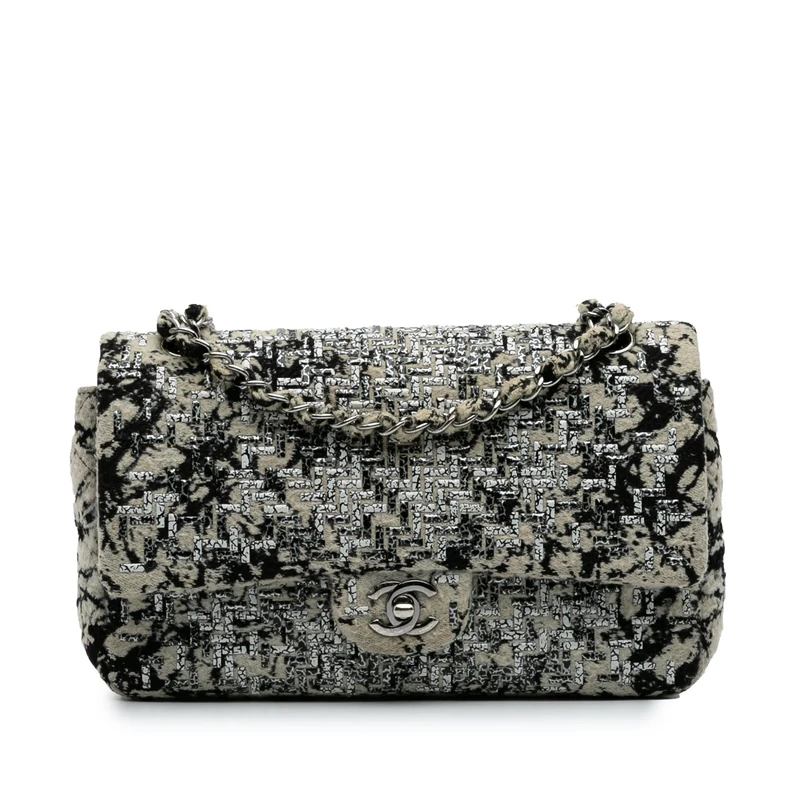 Chanel Pre-Loved Medium Classic Wool Herringbone Double Flap Shoulder Bag