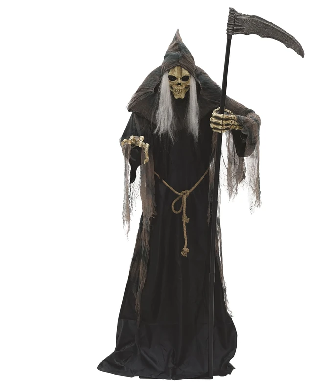 Riethmüller Animatronic XL Grim Reaper 182 cm - Halloween Decoration Inside, Party, Gothic Figure Life-Size - Animated, Luminous Eyes, Movable Upper Body, Sound & Motion Sensor - 3 Languages