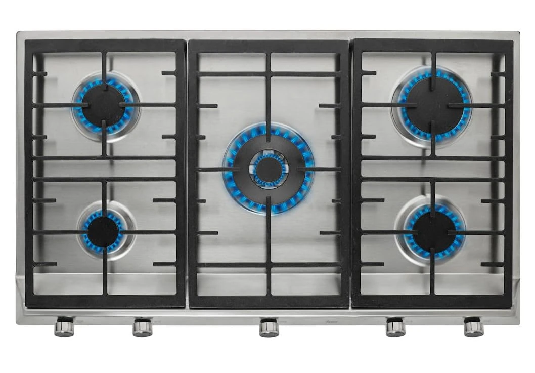 EX 90.1 5G AI AL DR CI Gas Hob, 90cm Stainless Steel, 5 Burner with Central Wok Burner, Cast Iron Pan Supports, Auto-Ignition, Safety Valves, Easy Clean, Built-In Kitchen Hob