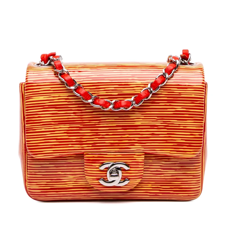 Chanel Pre-Loved Mini Square Classic Patent Striped Single Flap Crossbody Bag