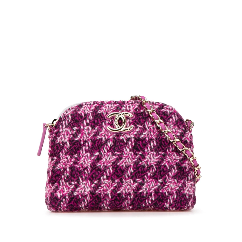 Pre-Loved CC Tweed Houndstooth Clutch On Chain