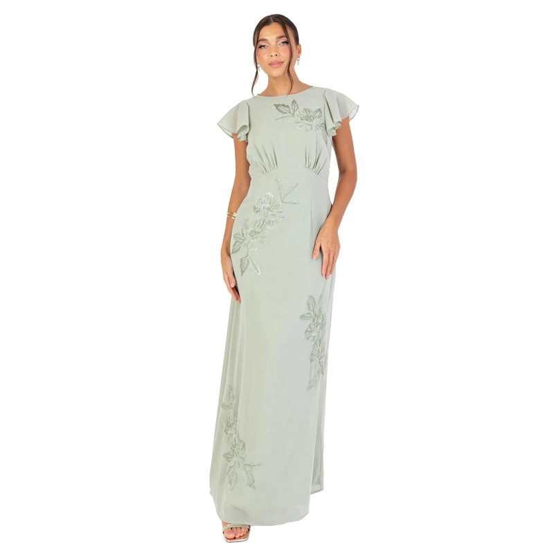 Maya Deluxe Women's Maxi Dress Ladies Round Neck Short Cap Sleeve Cowl Back Floral Embroidered Bead Embellished A-line Wedding Guest, Green Lily 22