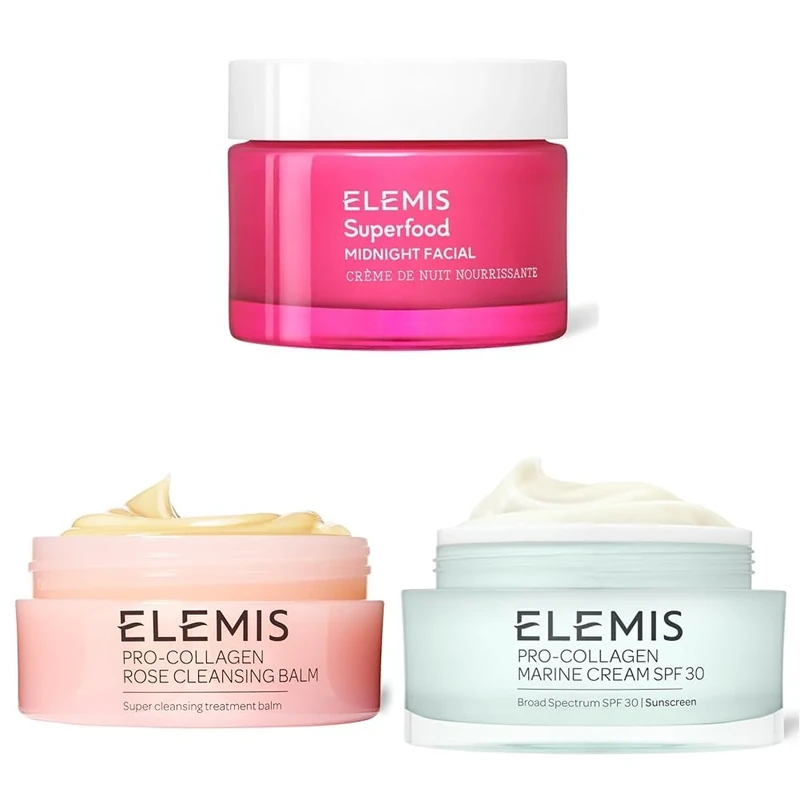 ELEMIS Skincare Trio – Superfood Midnight Facial, Pro-Collagen Rose Cleansing Balm & Marine Cream SPF 30 – Hydration, Radiance & Anti-Aging Essentials