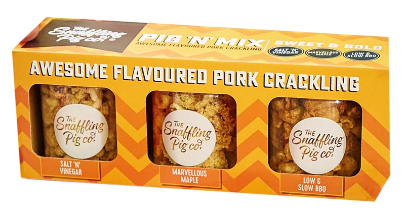 The Snaffling Pig Co. Pig ’N’ Mix Pork Crackling : Sweet & Bold Flavours, 90 g (3 Kilner Jars) : Gourmet Pork Scratchings Gift, Keto-Friendly Pub Snack for Him or Her