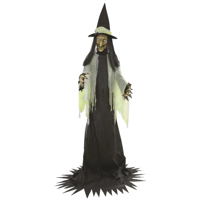 Riethmüller Animatronic XXL Witch 300 cm - Halloween Decoration Indoor - Party, Gothic Figure Life-Size - Animated, Luminous Eyes, Rotating Head, Sound & Motion Sensor - 3 Languages