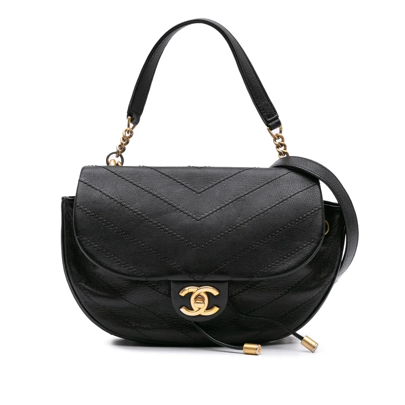 Chanel Pre-Loved CC Chevron Lambskin Round Flap Satchel Handbag