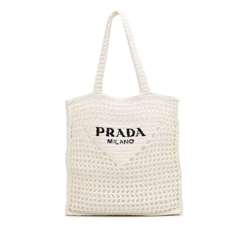 Prada Pre-Loved Raffia Crochet Logo Embroidered Tote Bag