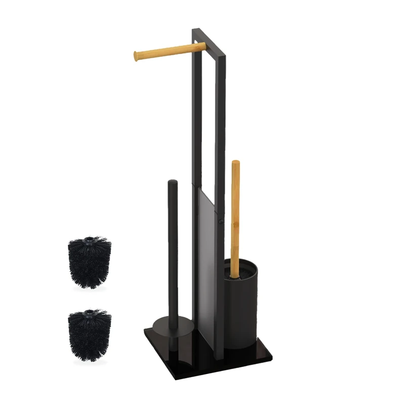 Relaxdays Toilet Set with Paper Holder, Toilet Brush, Spare Roll Holder – 65x21x18 cm, Black/Natural