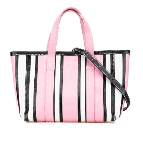 Balenciaga Pre-Loved Small Lambskin Barbes East West Striped Shopper Tote Handbag
