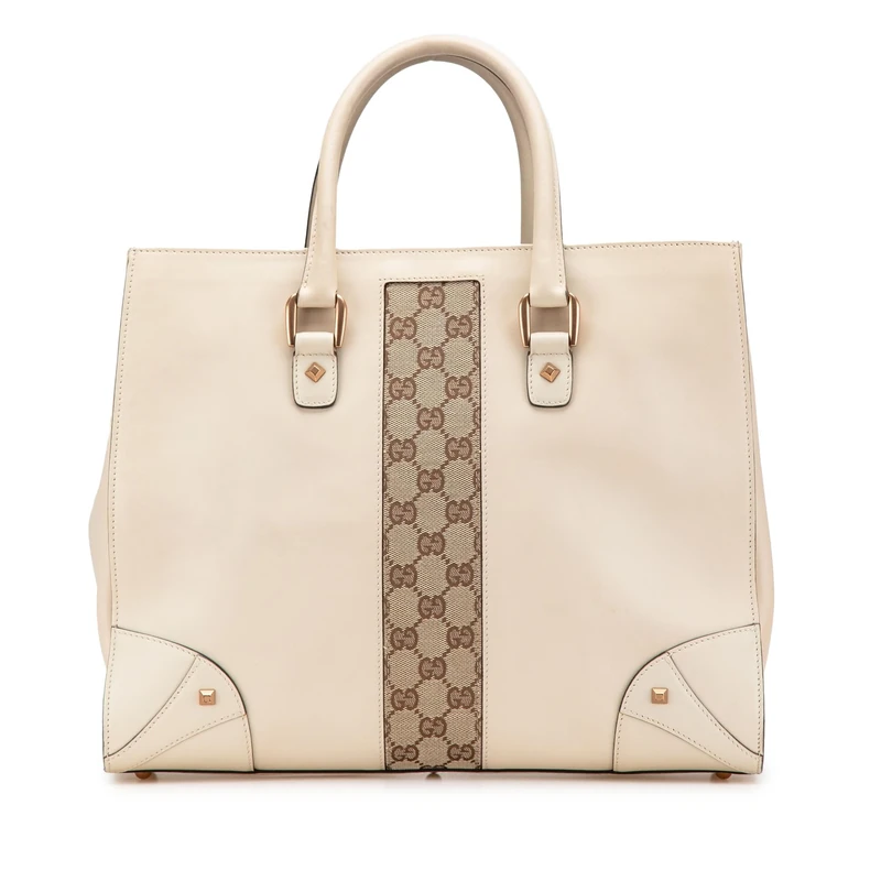 Gucci Pre-Loved Calfskin And GG Canvas Nailhead Tote Bag