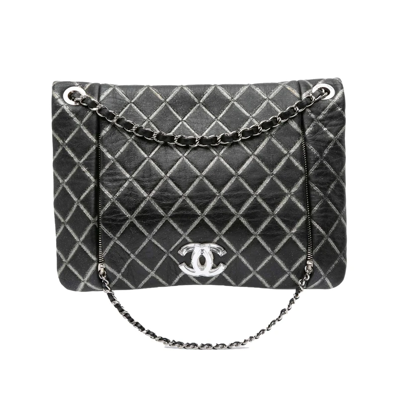 Pre-Loved Quilted Metallic Distressed Lambskin CC Crystal Flap Shoulder Bag