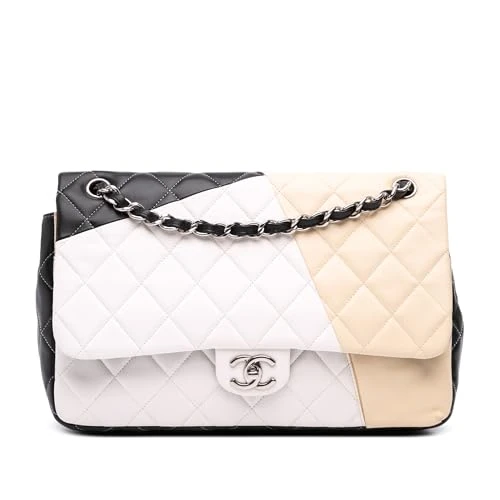 Chanel Pre-Loved Jumbo Classic Tricolor Lambskin Colorblock Double Flap Shoulder Bag