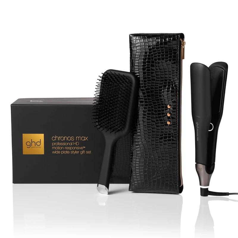 ghd Chronos Max Festive Gift Set - Wide Plate Hair Straighteners with Paddle Brush andheat-Resistant Bag, 85% Larger Plates