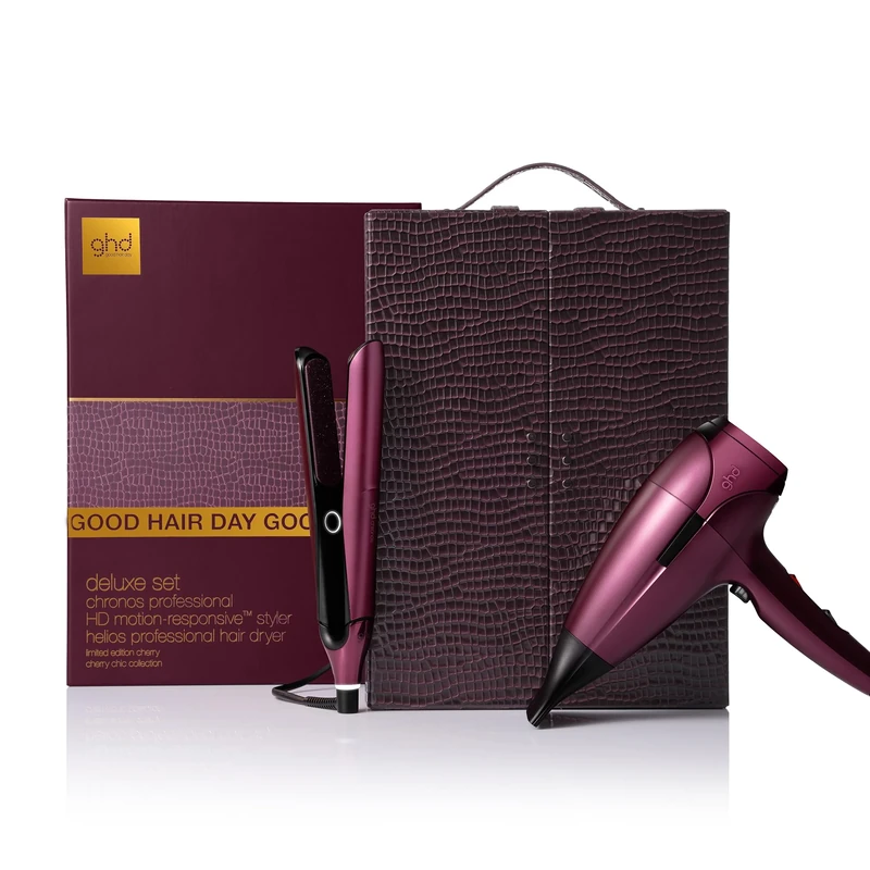 ghd Chronos & Helios Limited Edition Deluxe Gift Set - Hair Straighteners & Hair Dryer in Cherry Chic with Luxe Vanity Case