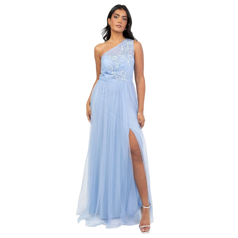 Maya Deluxe Women's Maxi Dress Ladies One Shoulder Embroidered Sequin Embellished Tulle Split Asymmetric Bridesmaid Prom Ball Gown, Light Blue, 8