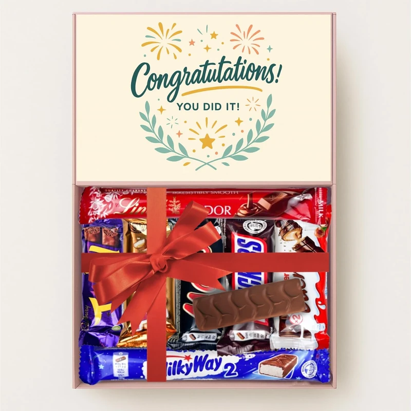 Congratulations Chocolate Gift Box - Celebration Assortment for Achievements, Chocolate Hamper Selection Box, Gift for Him and for Her - 7 Unique Bars
