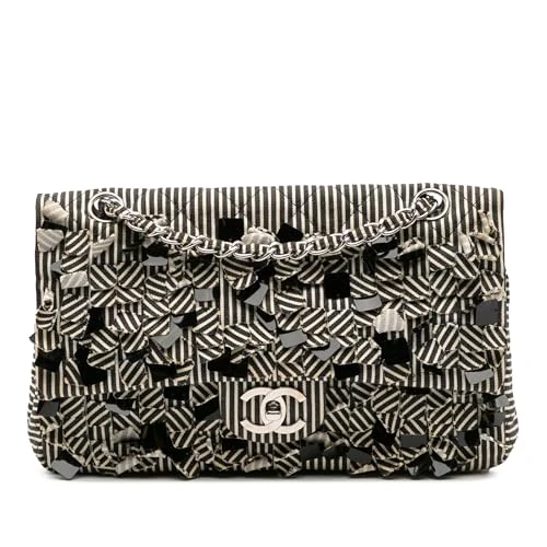 Pre-Loved Medium Classic Canvas Sequin Stripes Double Flap