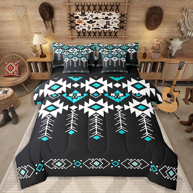 Erosebridal Full Western Aztec Bed in A Bag 7 Piece for Boys, Native American Navajo Comforter Set Rustic Southwestern Bedding Set Ethnic American Native Geometric Sheet Sets for Teens Adult, Black