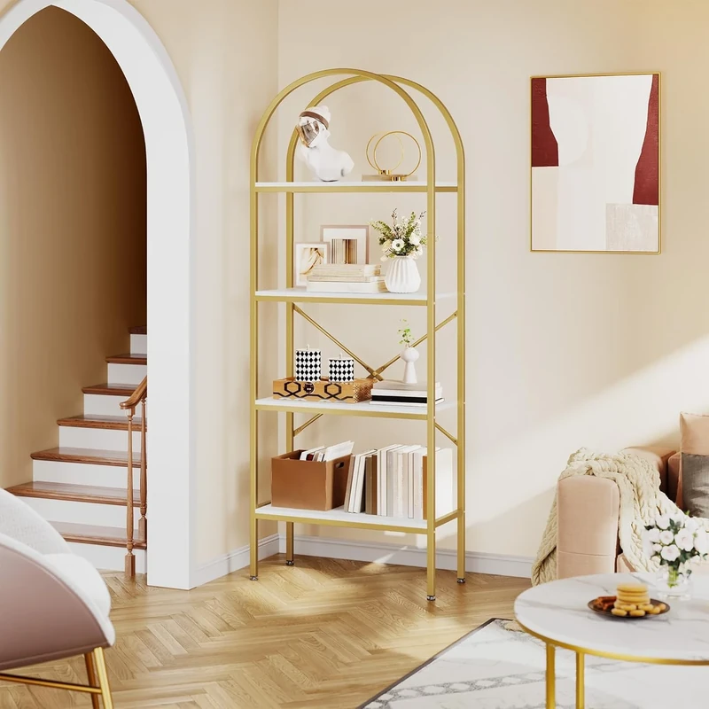 YITAHOME 4 Tier Arch Bookcase, Domed Bookcase, Freestanding Storage Shelf for Living Room, Bedroom, Study, White & Gold, 60x30x181.4 CM