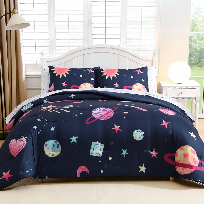 AMBERSPACE Full Size Comforter Sets Planet, Space Bedding Set for Girls Boys Teen, All Season Kids Bed in a Bag 7 Pieces with Sheets, Pillowcases & Shams