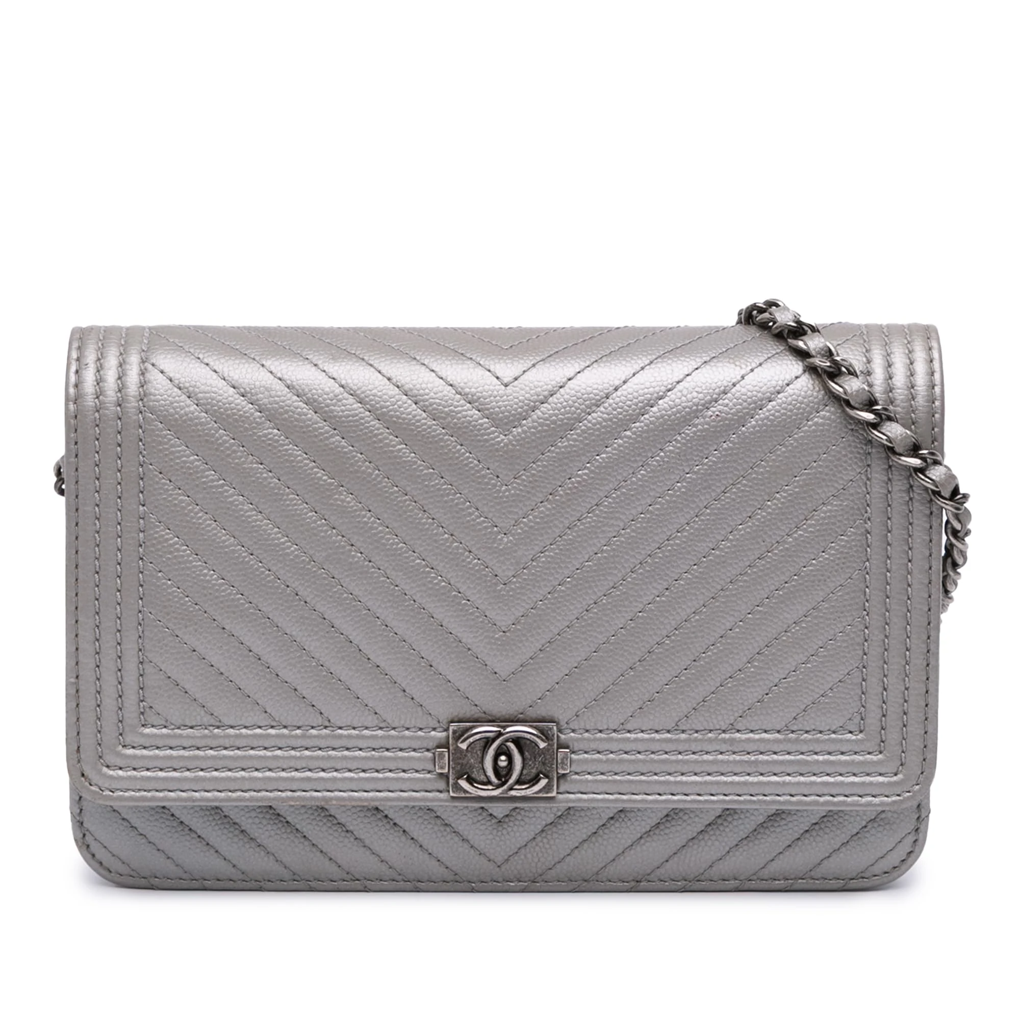 Chanel Pre-Loved Chevron Metallic Caviar Boy Wallet On Chain Handbag