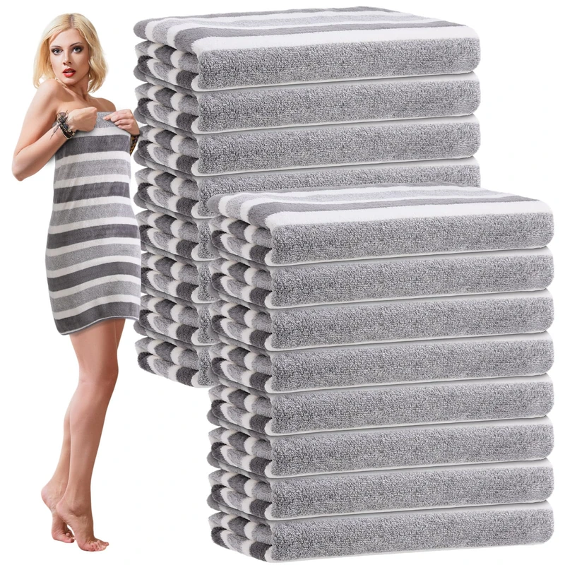 SmoothNovelty 16 Pack Microfiber Bath Towels Bulk 27'' x 60'' Oversized Size Bath Towel Highly Absorbent Extra Large Soft Drying for Shower Beach Winter Salon Sport Gym Party (Stripes,Grey)