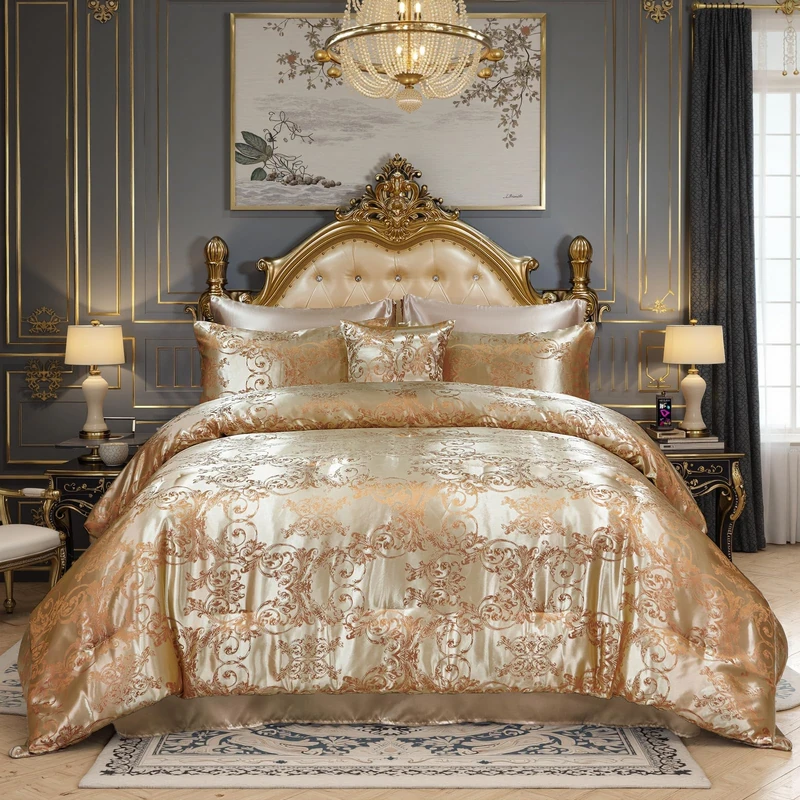 Gold Comforter King Jacquard Bedding with Taupe Satin Sheet Set 8 Pcs Royal Embroidery Neoclassical Floral Home Decor Soft Luxury Hotel Bed in a Bag with 1 Cushion Cover