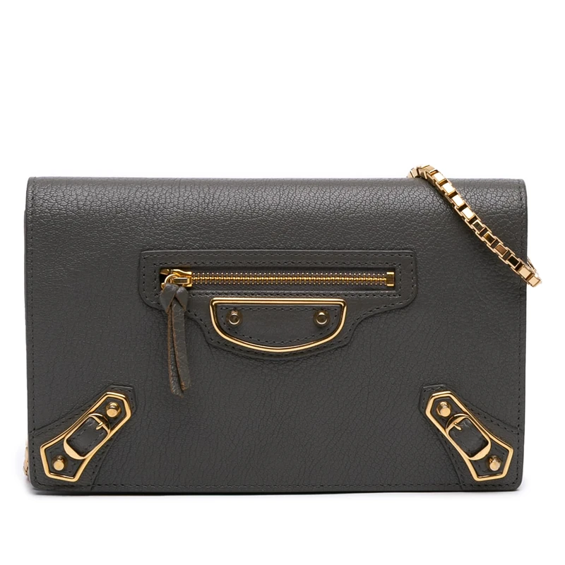Balenciaga Pre-Loved Chevre Motocross Metallic Edge Wallet on Chain Handbag