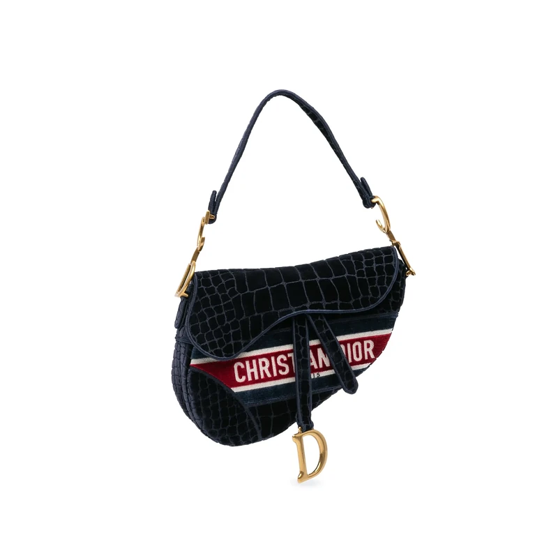 Pre-Loved Velvet Embroidered Crocodile Effect Saddle Handbag Shoulder Bag