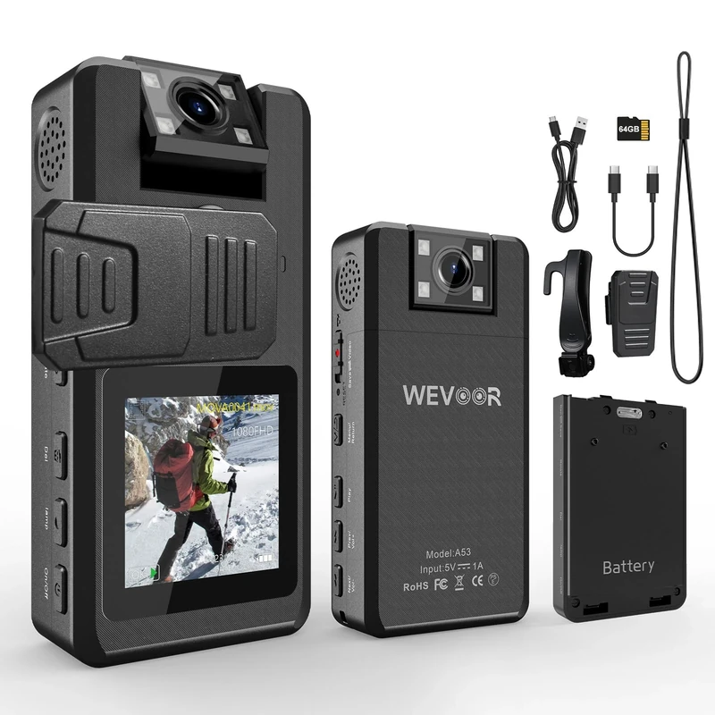 1296P Mini Video Body Camera 64GB 20Hrs Portable Wearable Police Camcorder, 180° Rotatable Lens, 1 Spare Battery, Wevoor Personal Small Cameras wirh Back Clip, Night Vision for Security/Outdoor/Travel