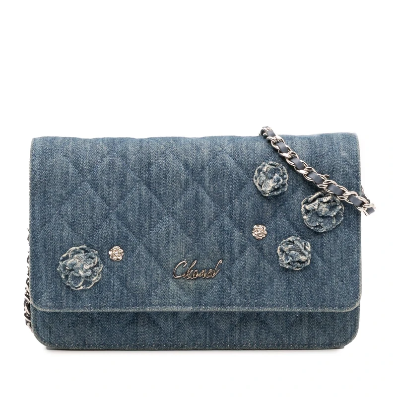 Pre-Loved Quilted Denim Camellia Charms Wallet On Chain Handbag Crossbody Bag