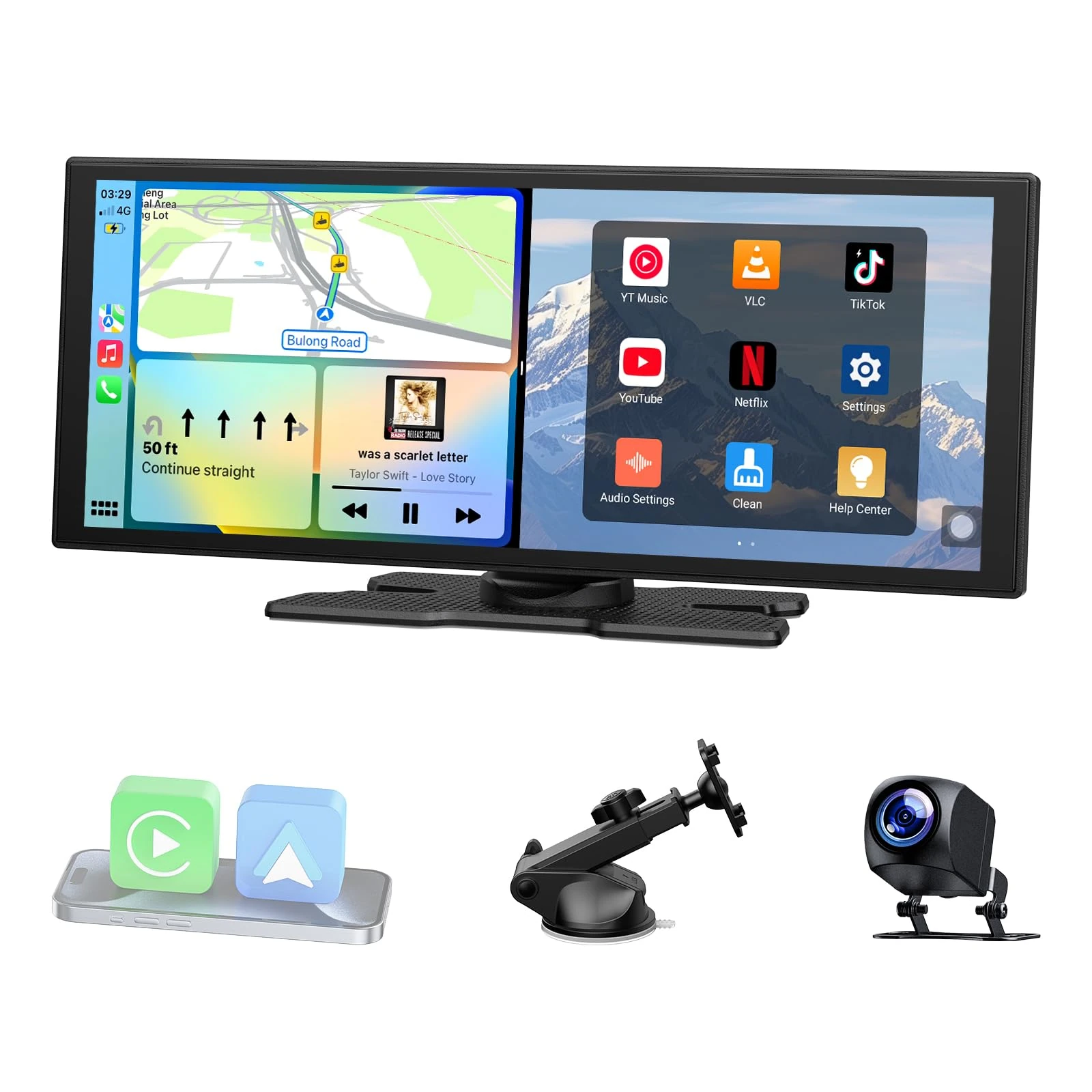 LAMTTO Carplay Screen with YouTube Net-flix TikTok, 10.25'' Wireless A-pple CarPlay & Android Auto Display with Rear Camera Built-in Apps Split-Screen Dual Bluetooth Navigation for iOS 10+ Android 11+