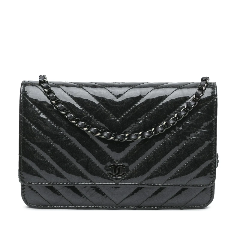 Chanel Pre-Loved CC Chevron Quilted Crumpled Patent Wallet On Chain Handbag Crossbody Bag