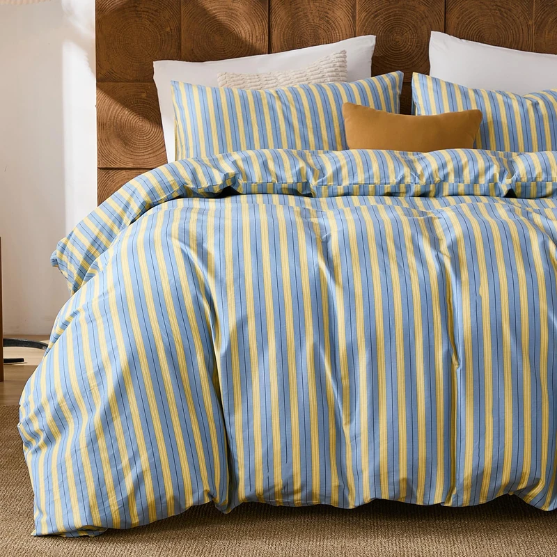 Merryword 100% Cotton Duvet Cover Set King Size, Blue & Yellow Striped Bedding Set with Zipper Closure and 8 Corner Ties, Modern Coastal Style Comforter Cover Set 3 Pieces