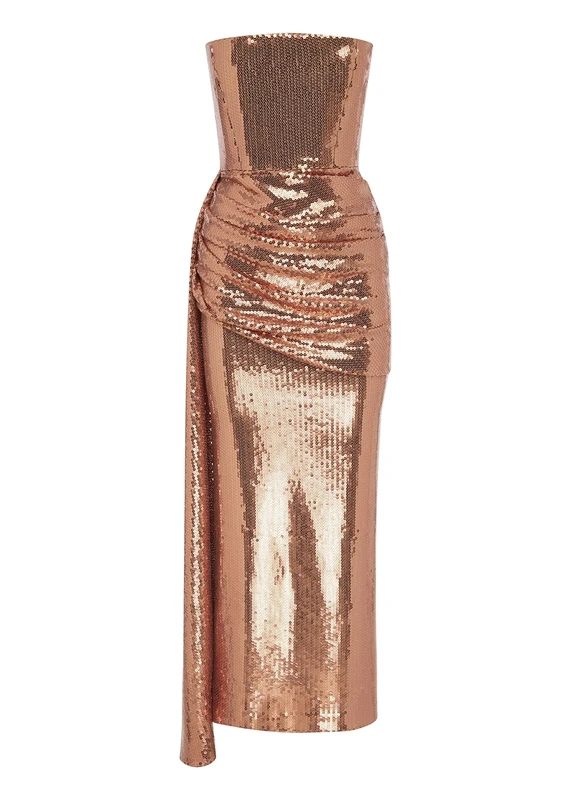 Alex Perry, Strapless Drape Dress in Sequin, Copper, 18