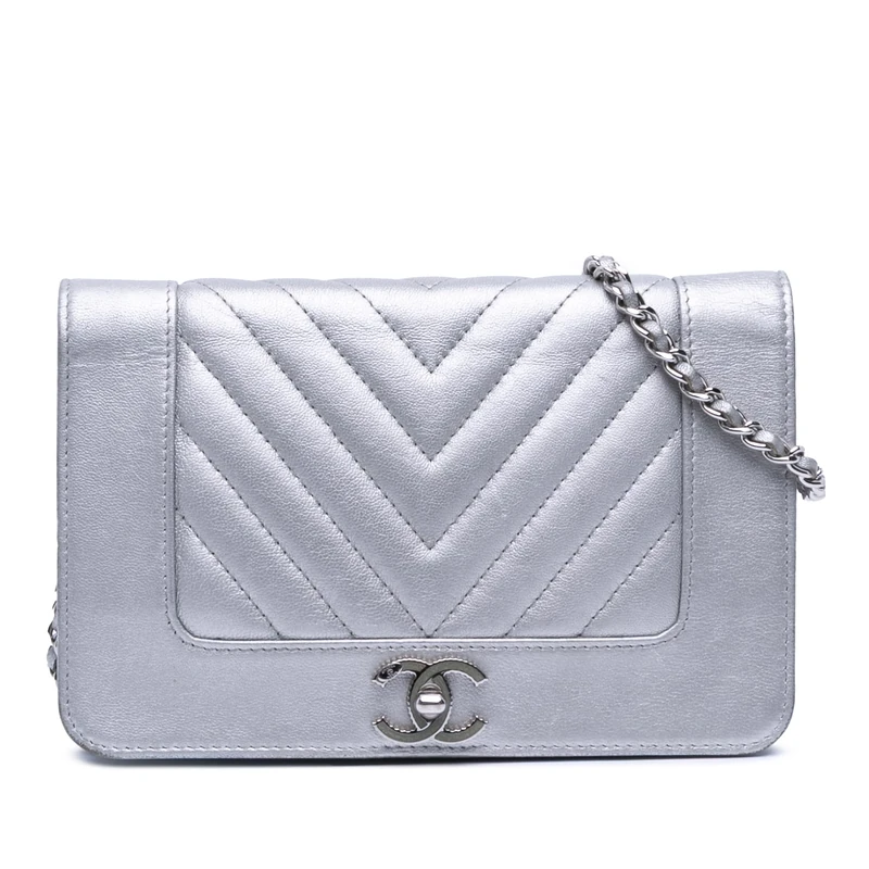 Chanel Pre-Loved Chevron Quilted Metallic Lambskin Mademoiselle Wallet On Chain Handbag