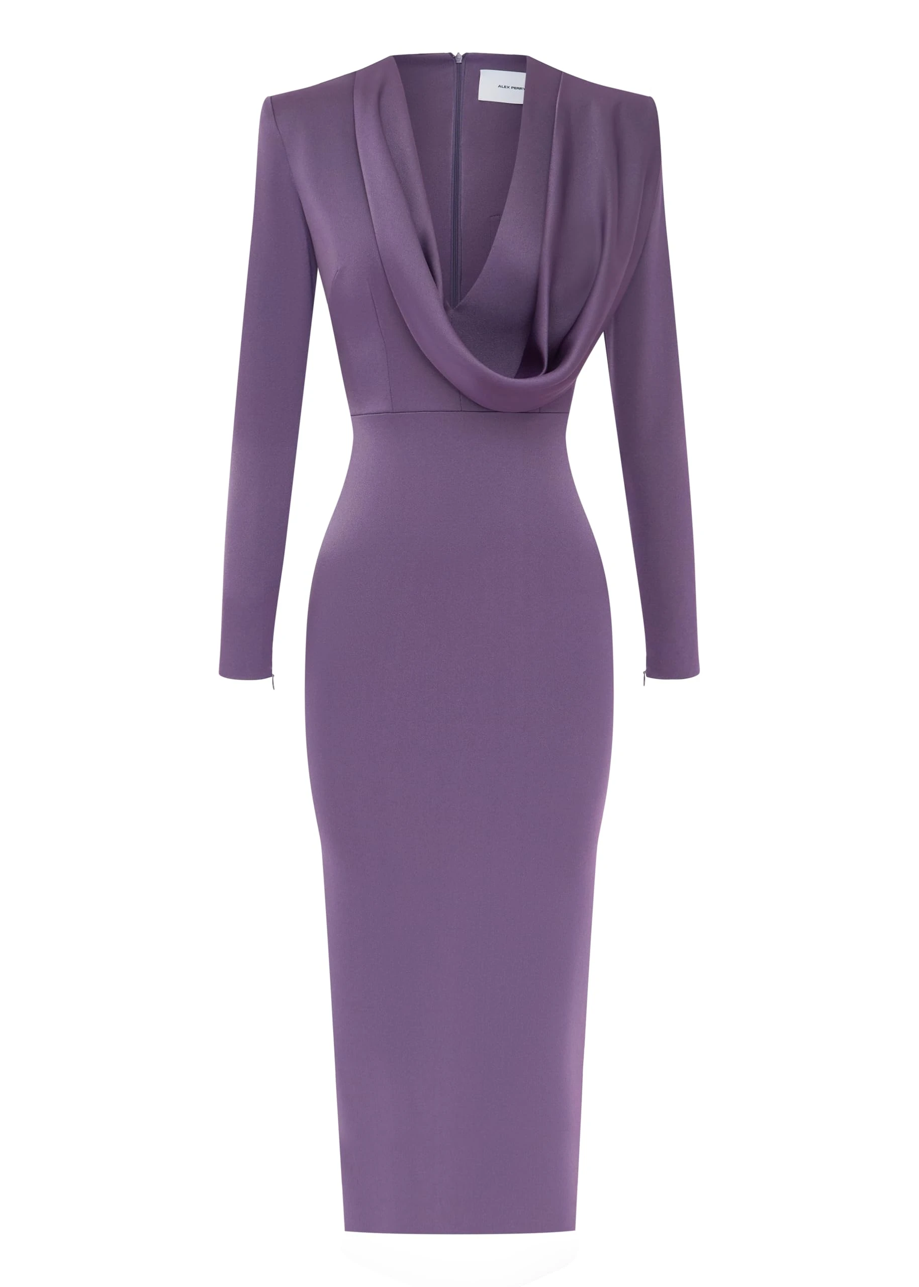 Alex Perry, Long Sleeve Cowl Drape Dress in Satin Crepe, Grape, 10
