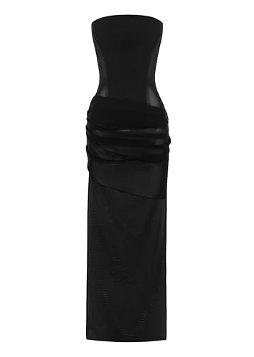 Alex Perry, Strapless Longline High Low Mini Dress in Stretch Mesh, Black, 14