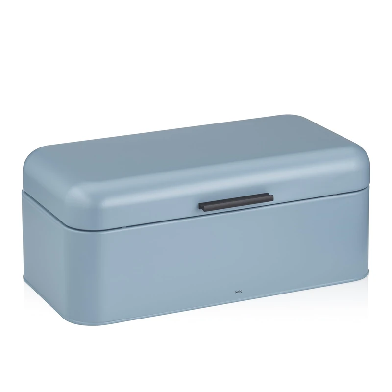 kela Frisca Metal Bread Bin with Ventilation Holes 42.5 x 22.5 x 17.5 cm, Large Bread Box with Hinged Lid, Blue